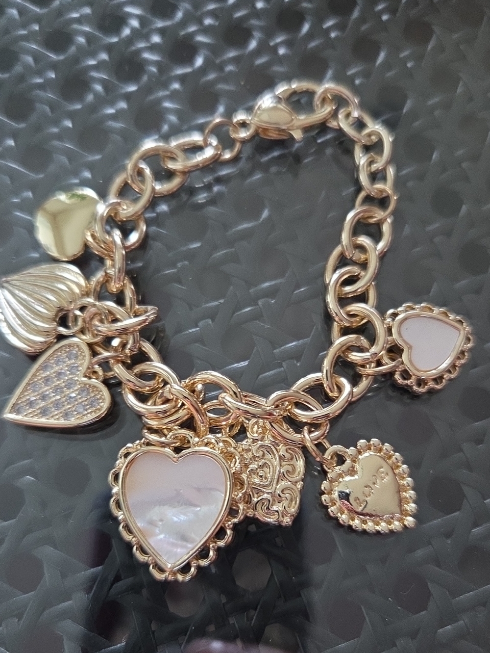 Gold-Tone Heart Charm Bracelet with Pink Mother-of-Pearl Hearts